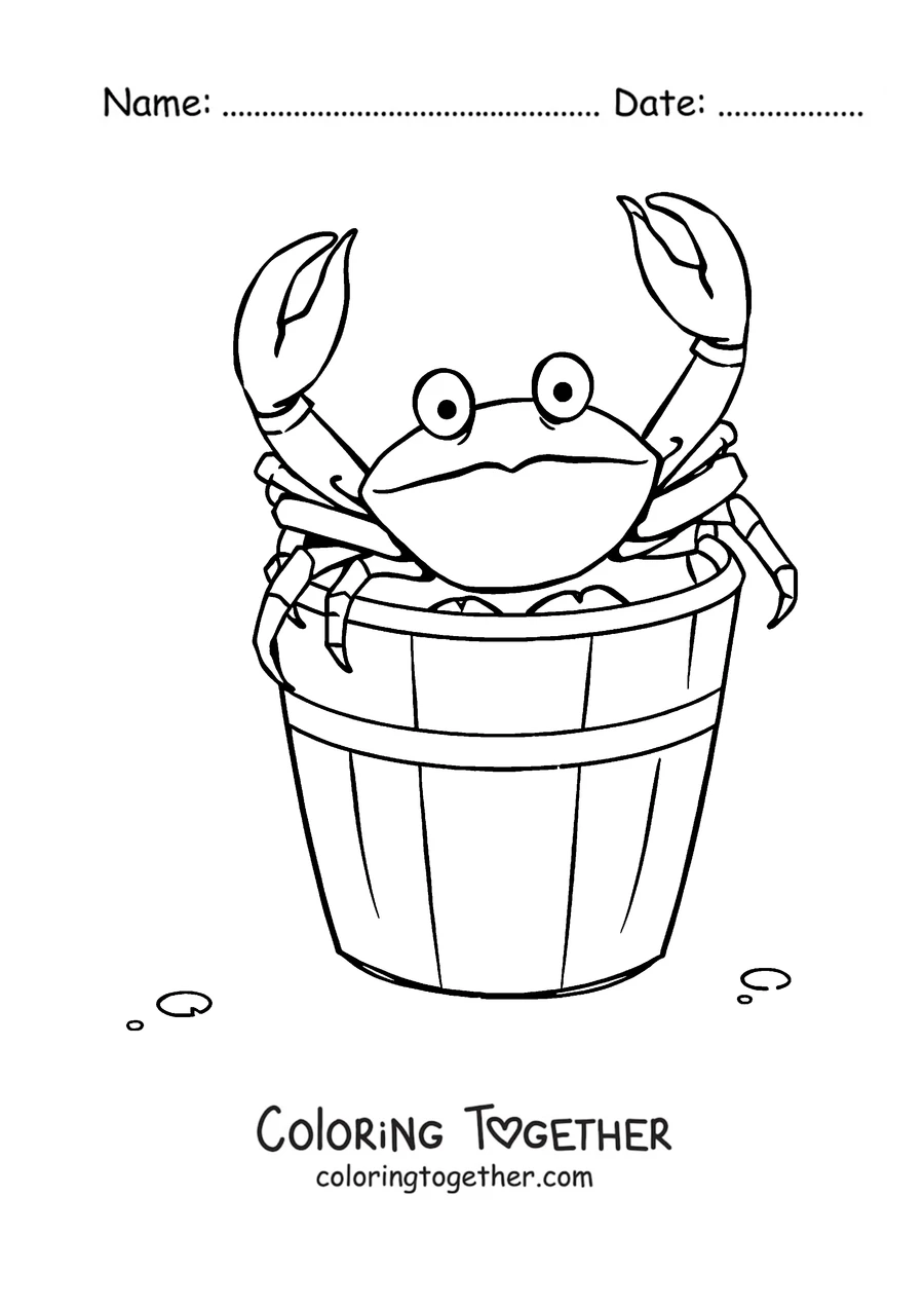 Coloring page of a crab climbing out of a beach bucket