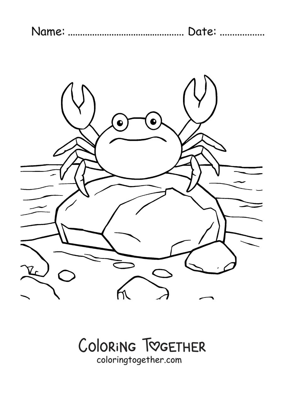 Coloring page of a crab on a rock by the shore