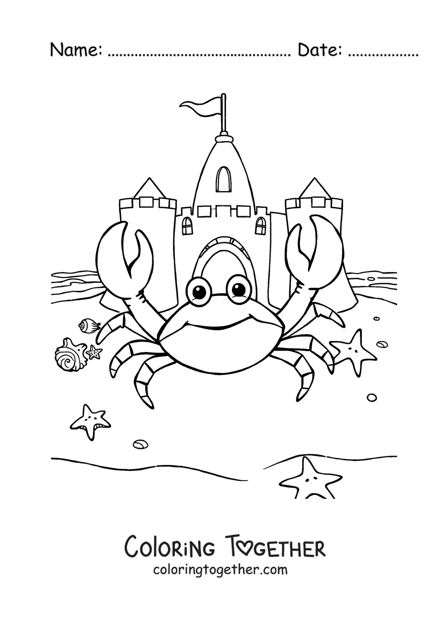 Coloring page of a crab on the beach next to a sandcastle