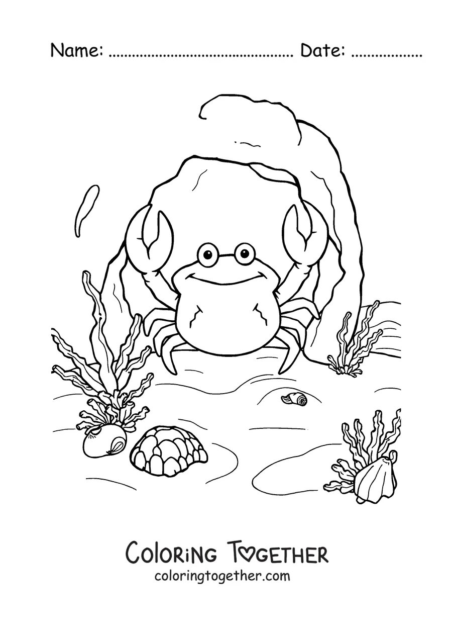 Coloring page of a crab on the ocean floor among seaweed and shells