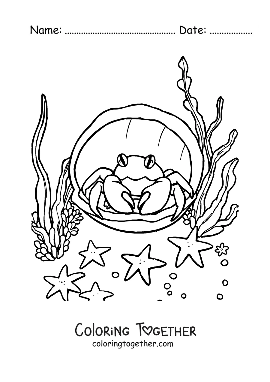 Coloring page of a crab peeking out of a seashell