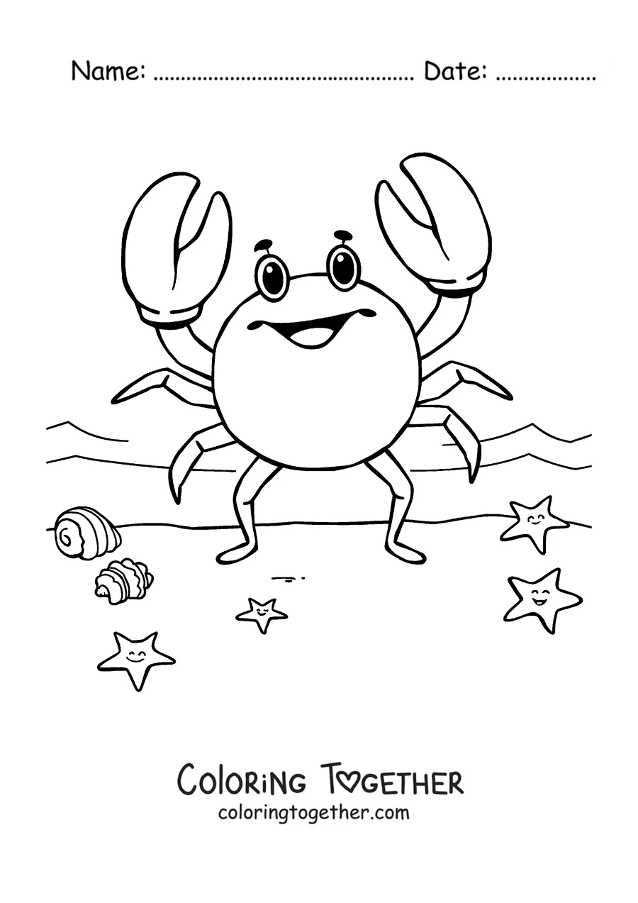 Coloring page of a smiling crab standing among starfish