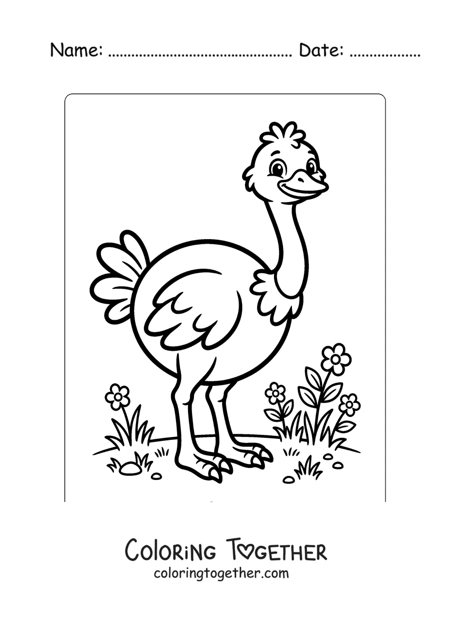 Coloring page of a cute cartoon ostrich
