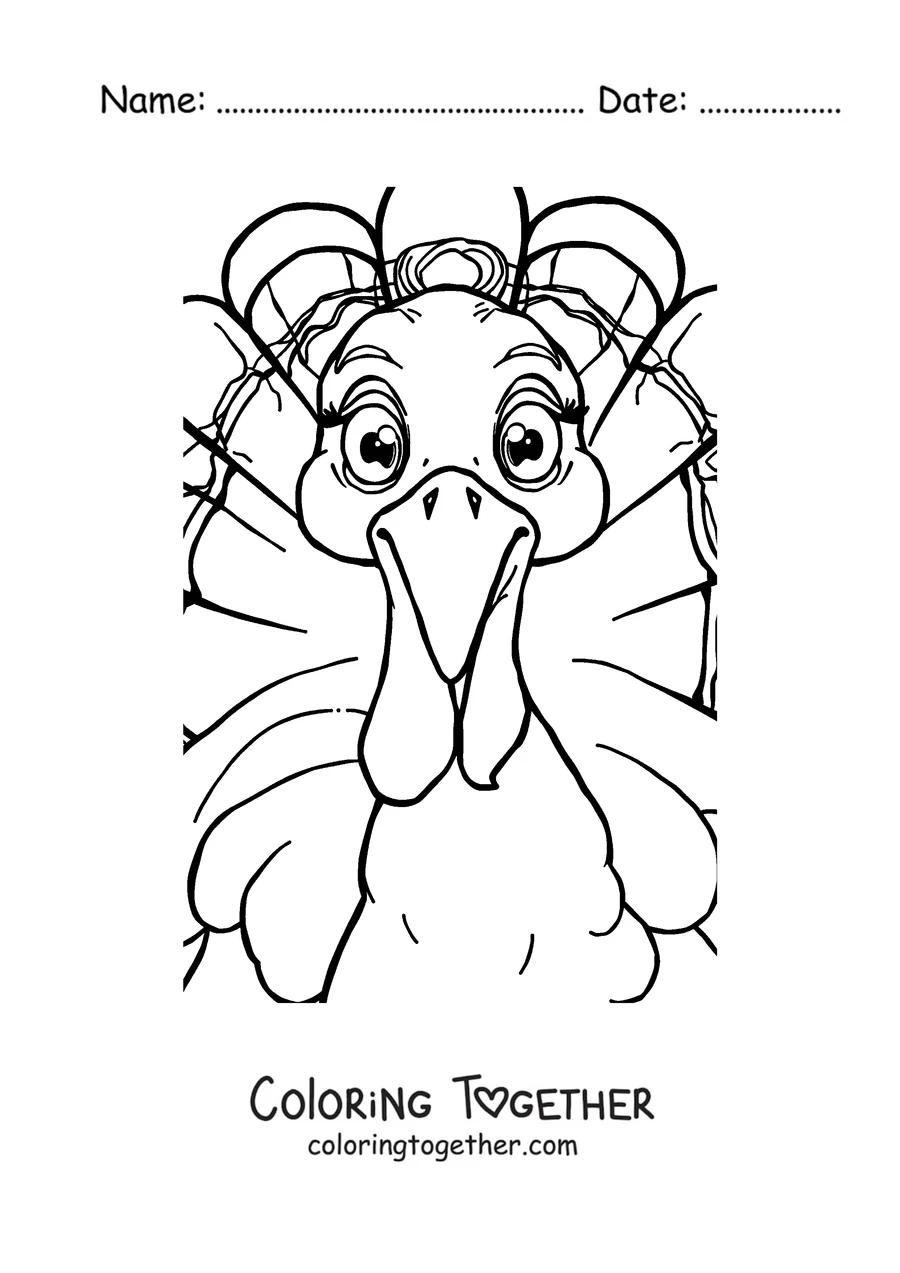 Coloring page of a cartoon turkey with a big smile