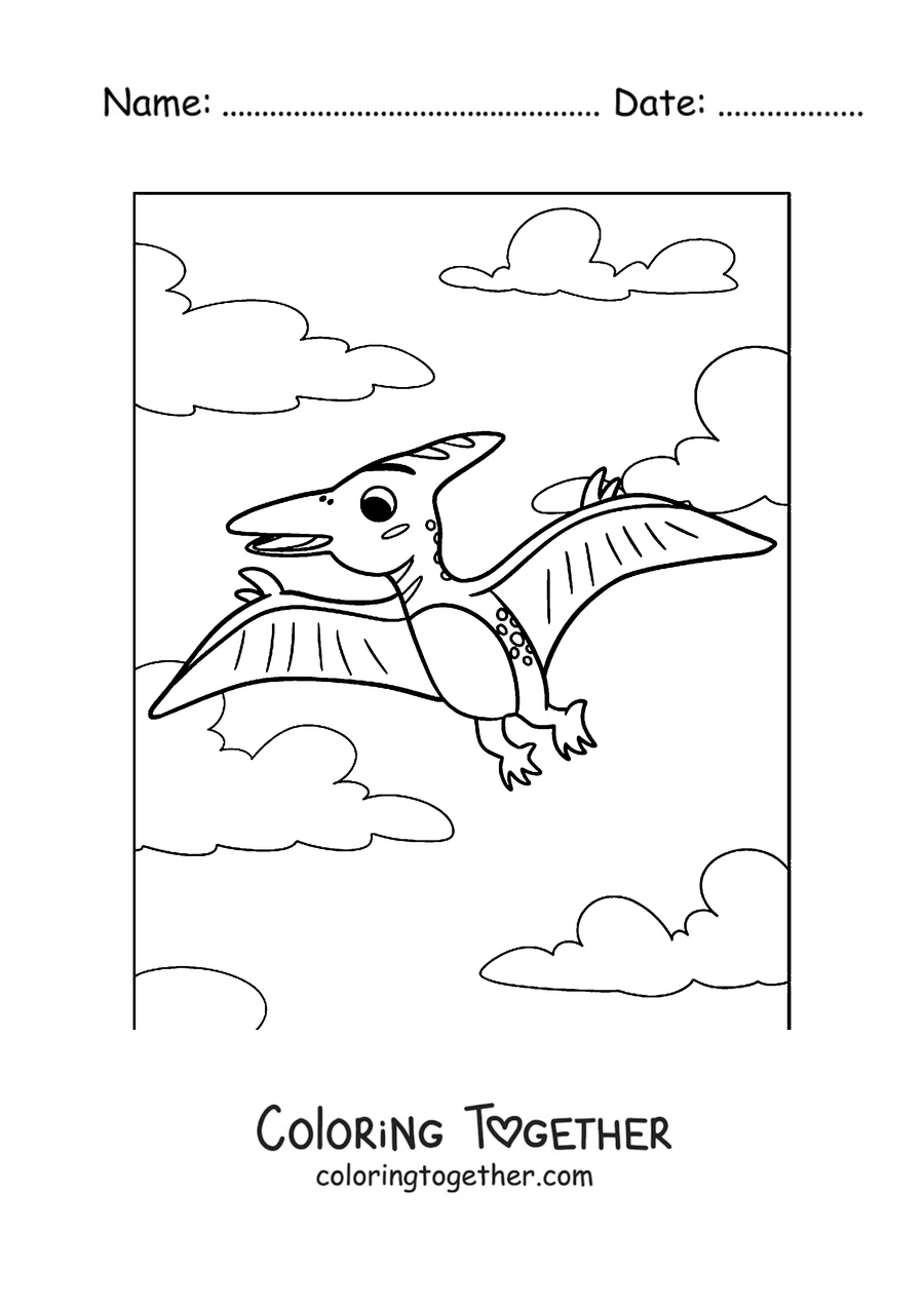 Coloring page of a cute pterodactyl flying