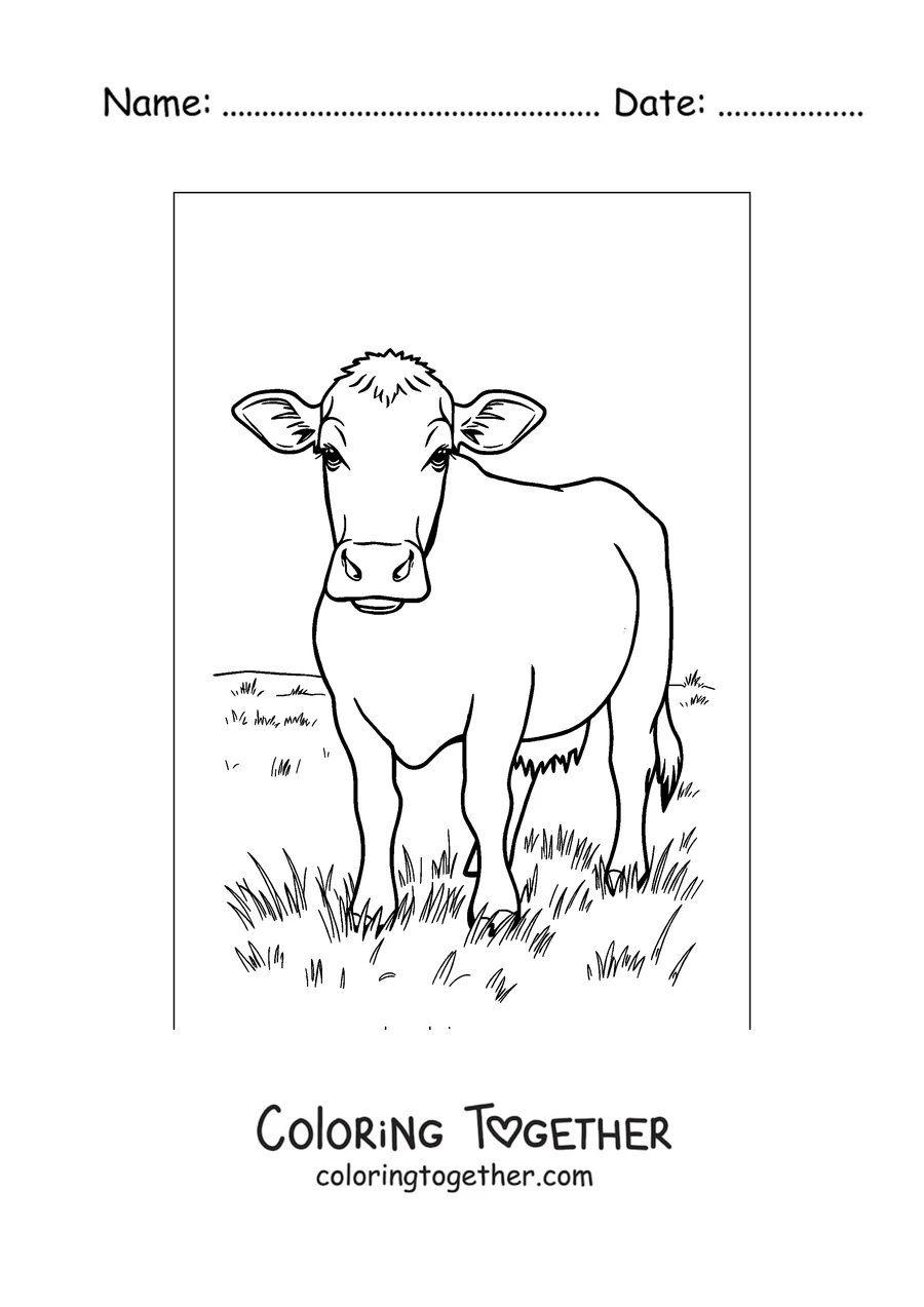 Coloring page of dairy cow grazing in the meadow