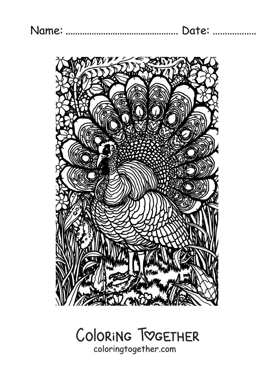 Coloring page of a turkey with feathers full of patterns