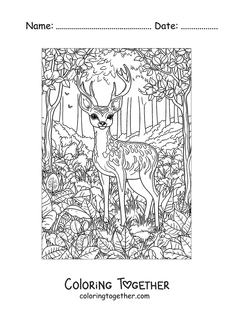 Coloring page of a deer among the forest leaves