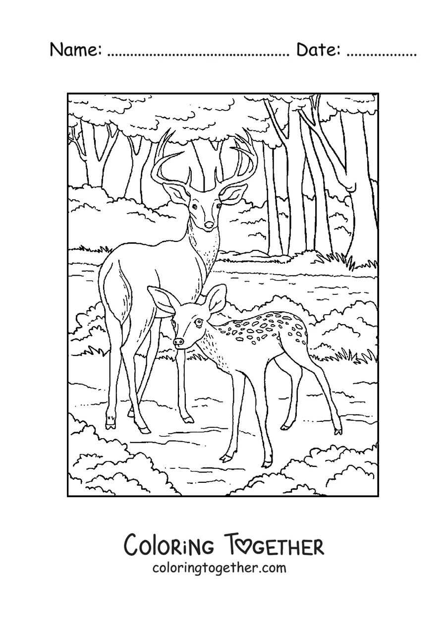 Coloring page of a deer and a fawn in the forest