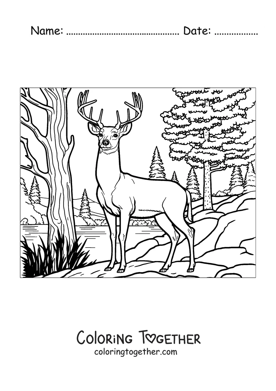 Coloring page of an adult deer by the river