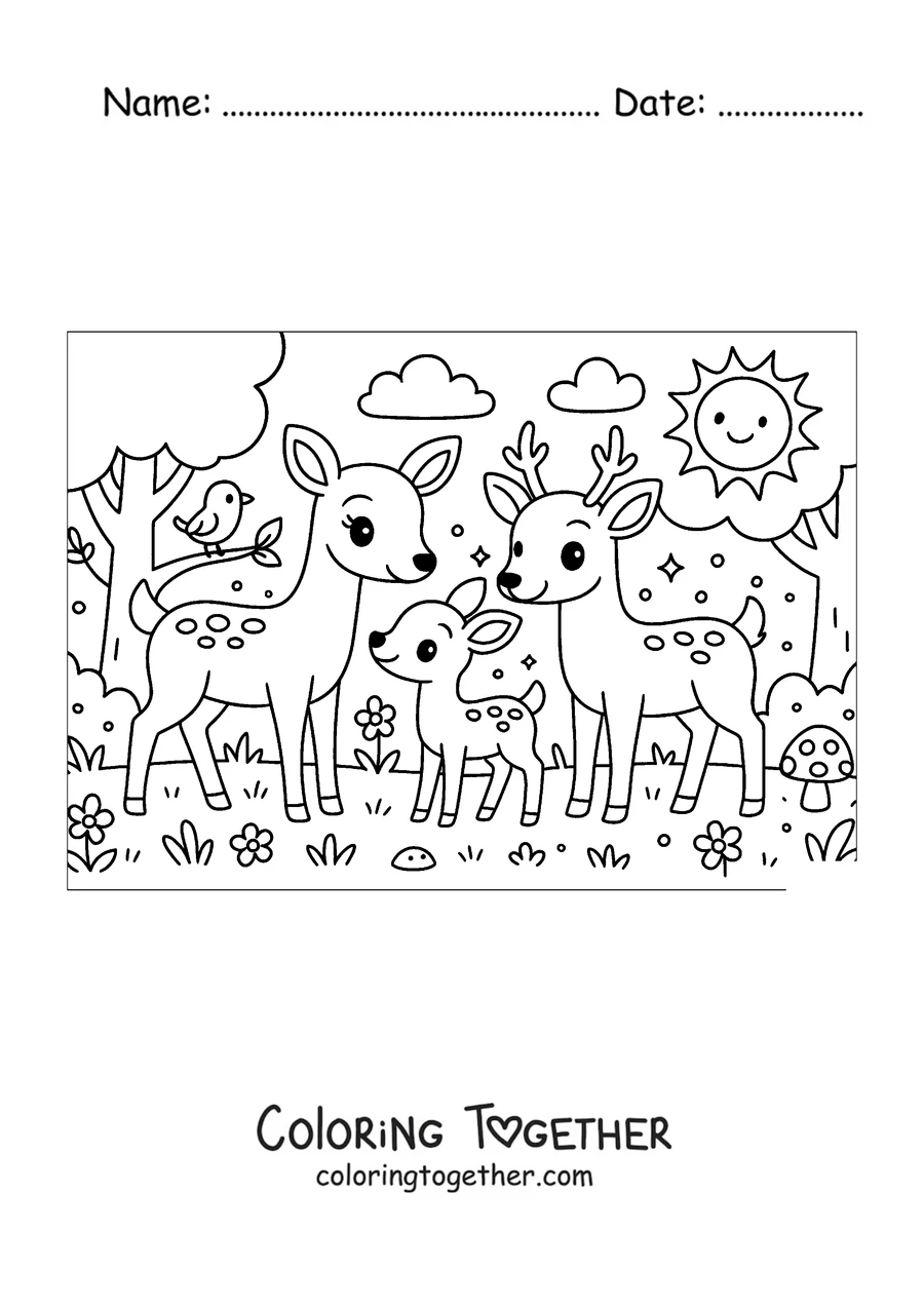 Coloring page of a deer family in the forest