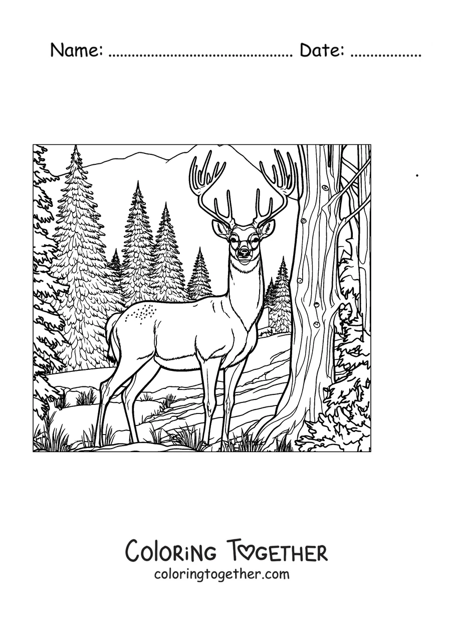 Coloring page of a deer in the pine forest