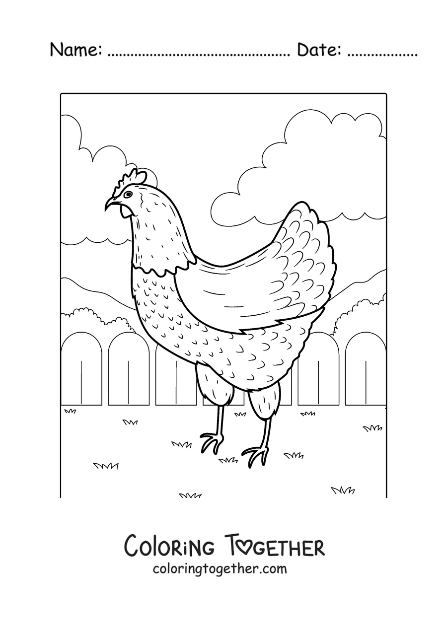 Coloring page of a detailed hen walking in the farmyard