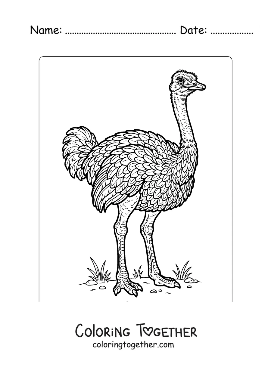 Coloring page of a detailed realistic ostrich