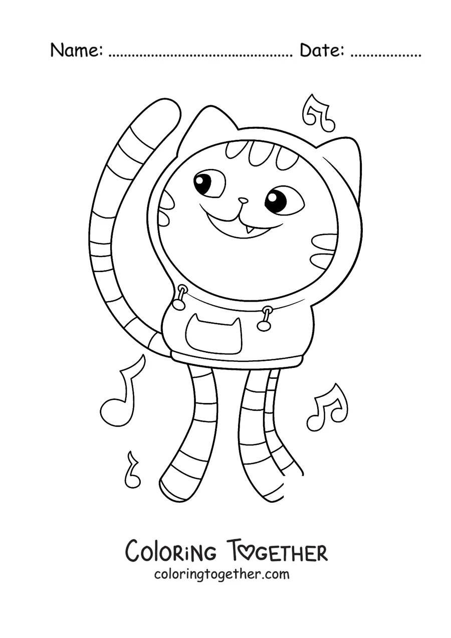 Coloring page of DJ Catnip dancing among musical notes