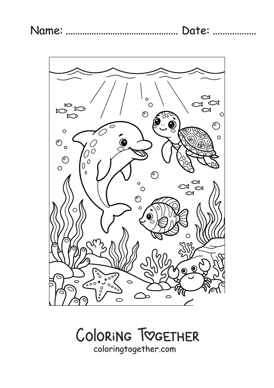 Coloring page of a dolphin playing with a sea turtle
