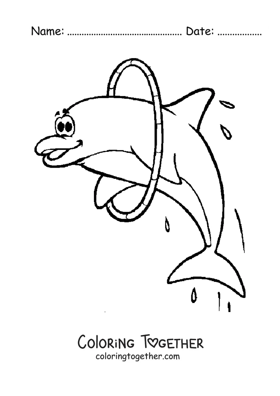 Coloring page of a dolphin jumping through a hoop