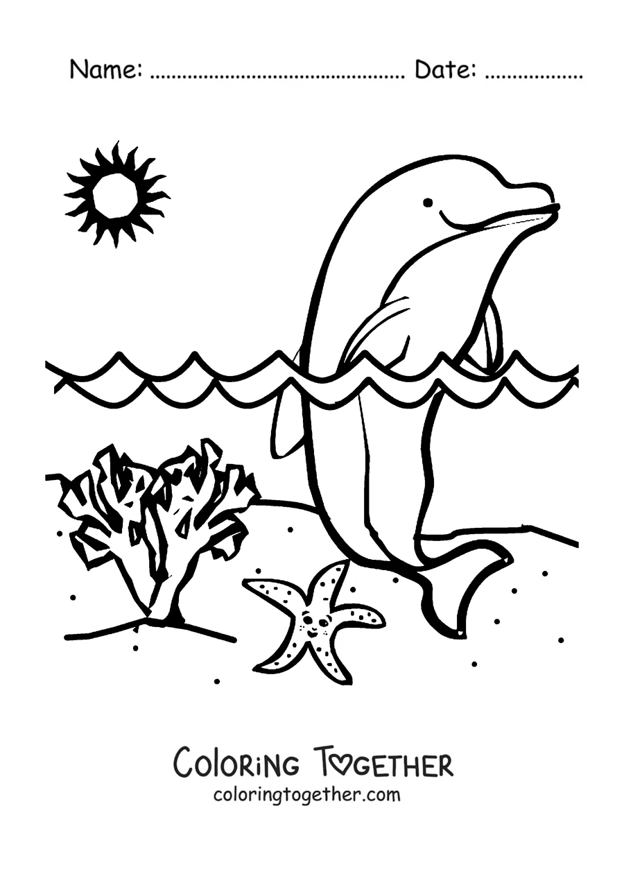 Coloring page of a dolphin leaping in front of the sun