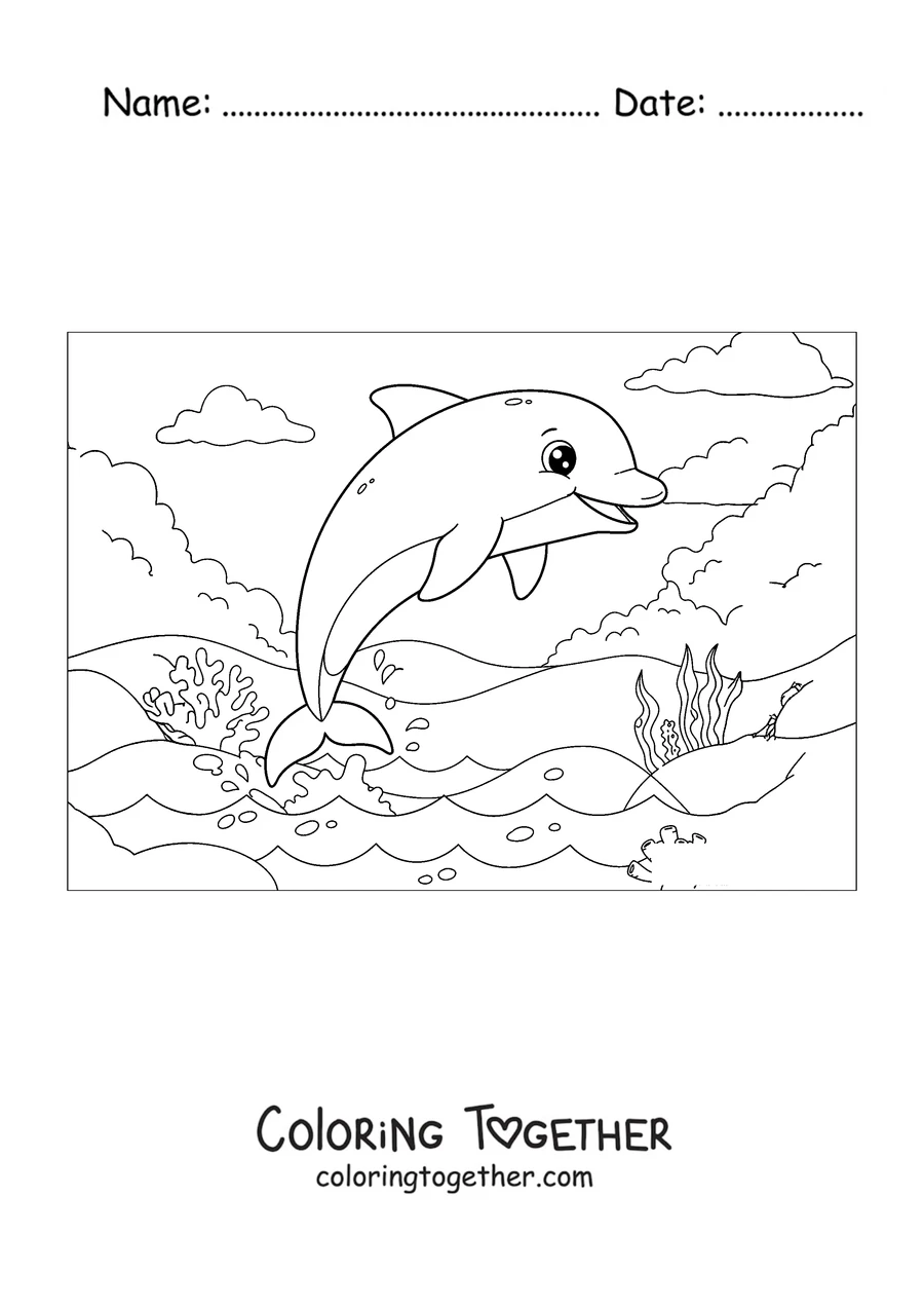 Coloring page of a dolphin leaping over the sea