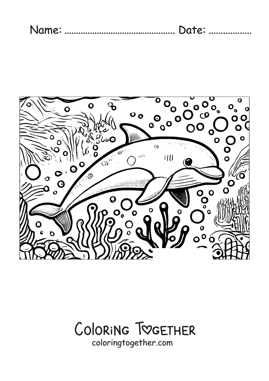 Coloring page of a dolphin swimming in the coral reef