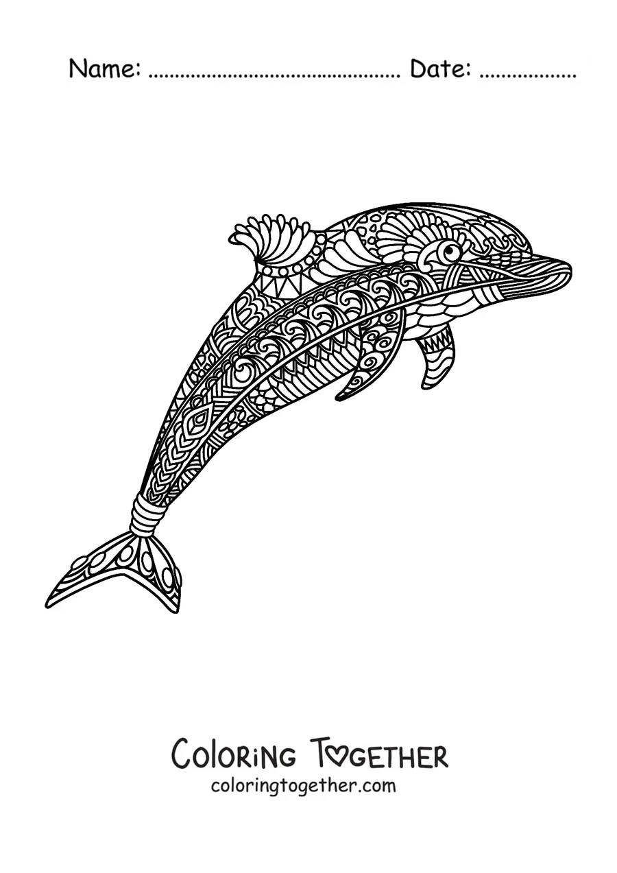 Coloring page of a dolphin decorated with mandalas