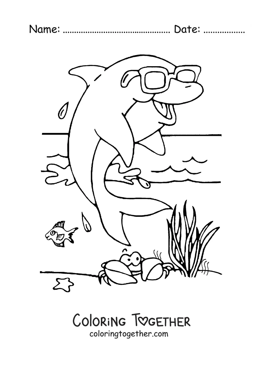 Coloring page of a dolphin with sunglasses at the beach