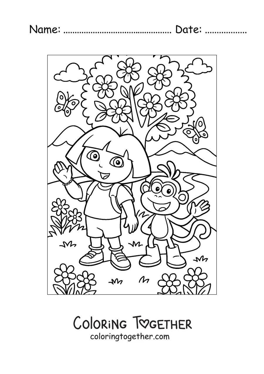 Coloring page of Dora the Explorer and Boots in a field of flowers