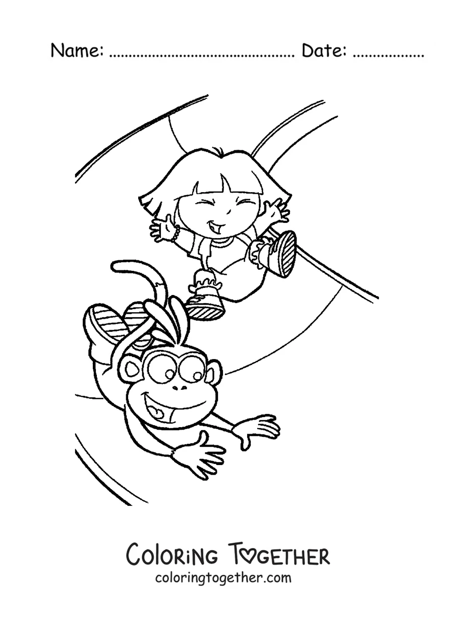Coloring page of Dora the Explorer and Boots swinging on a vine