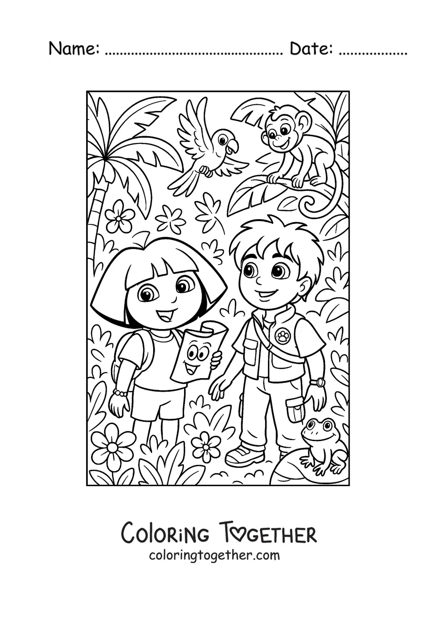 Coloring page of Dora the Explorer and her cousin Diego in the jungle