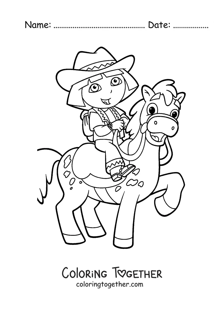 Coloring page of Dora the Explorer dressed as a cowgirl riding a horse