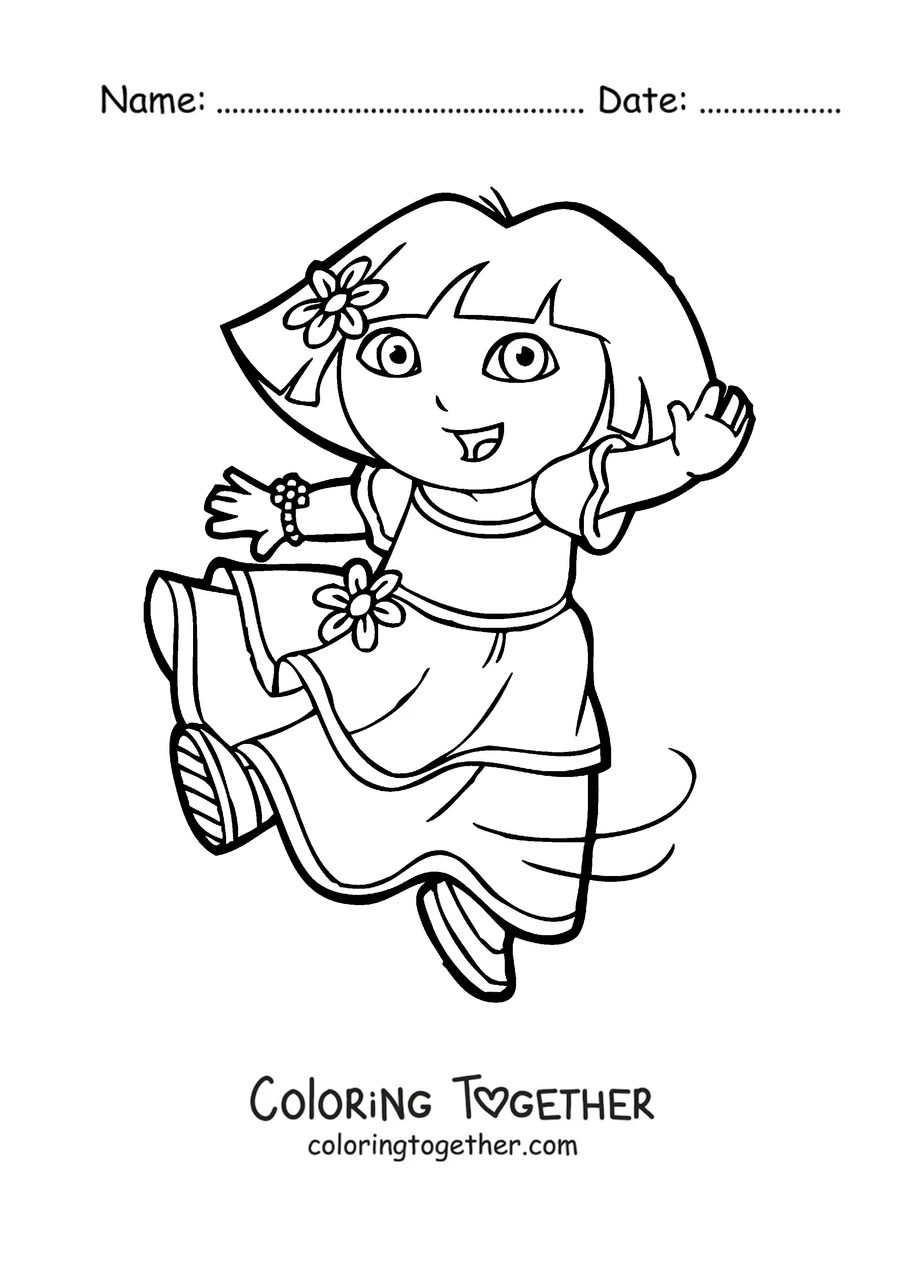 Coloring page of Dora the Explorer dancing with a flower in her hair