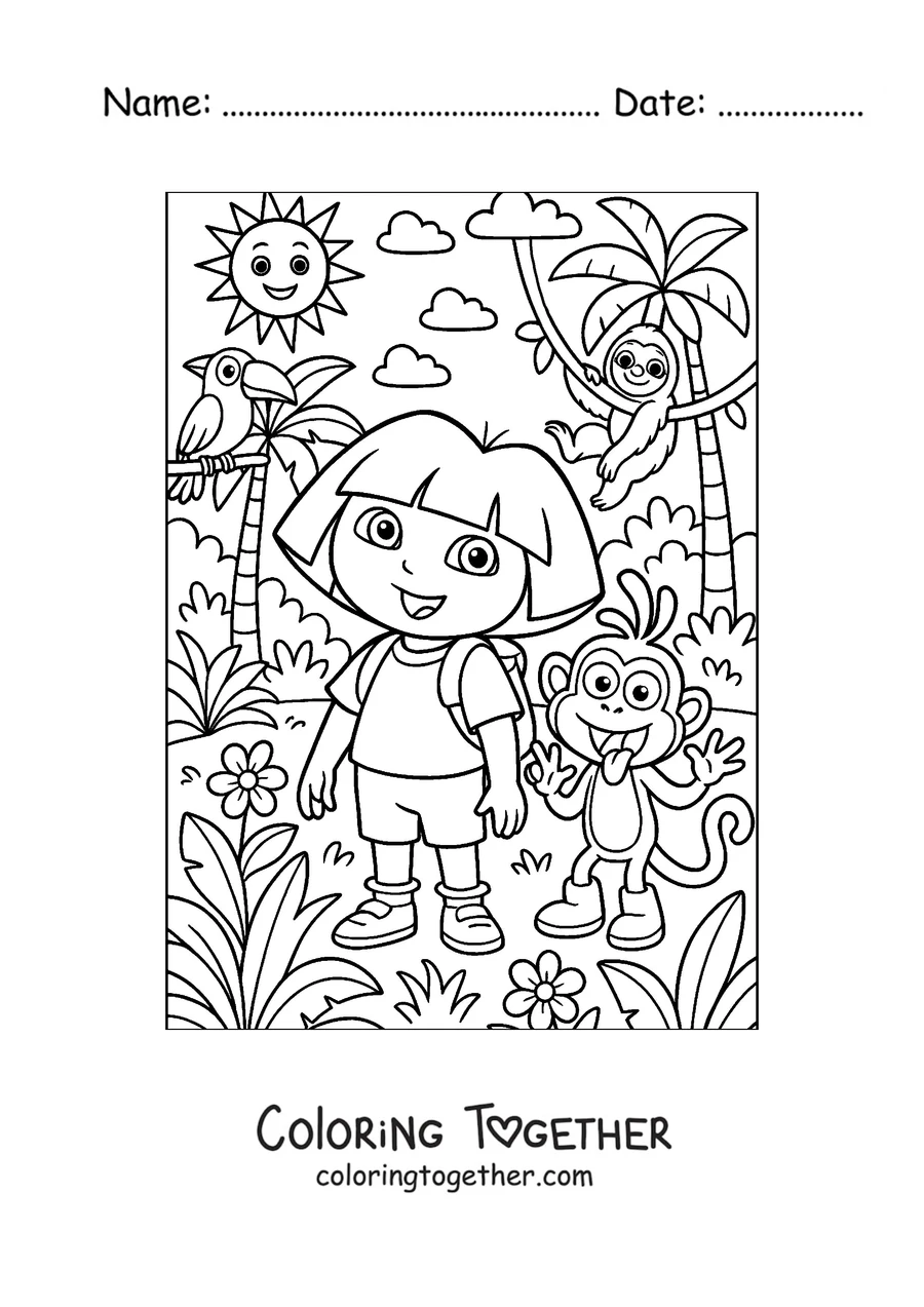Coloring page of Dora the Explorer exploring the jungle with a parrot