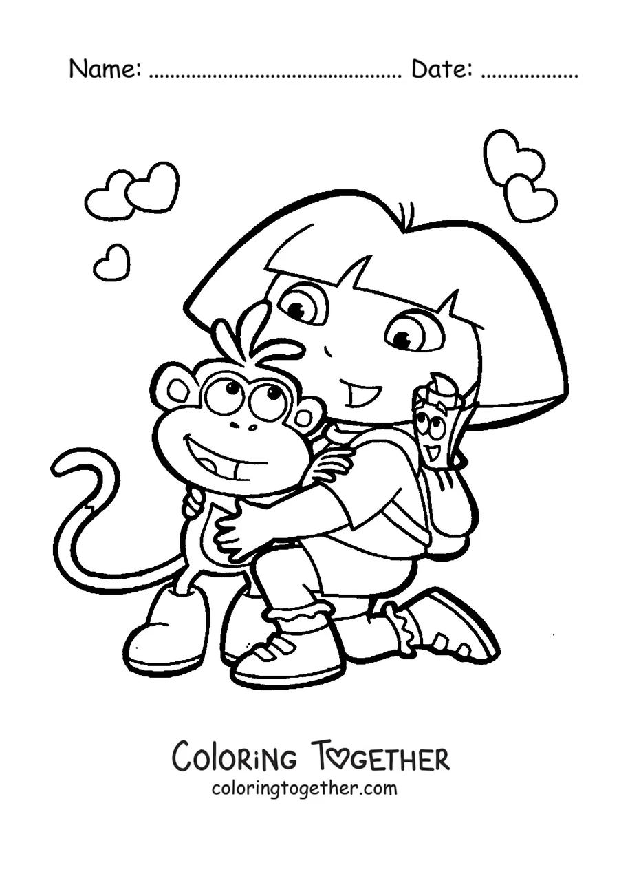 Coloring page of Dora the Explorer hugging Boots with an ice cream
