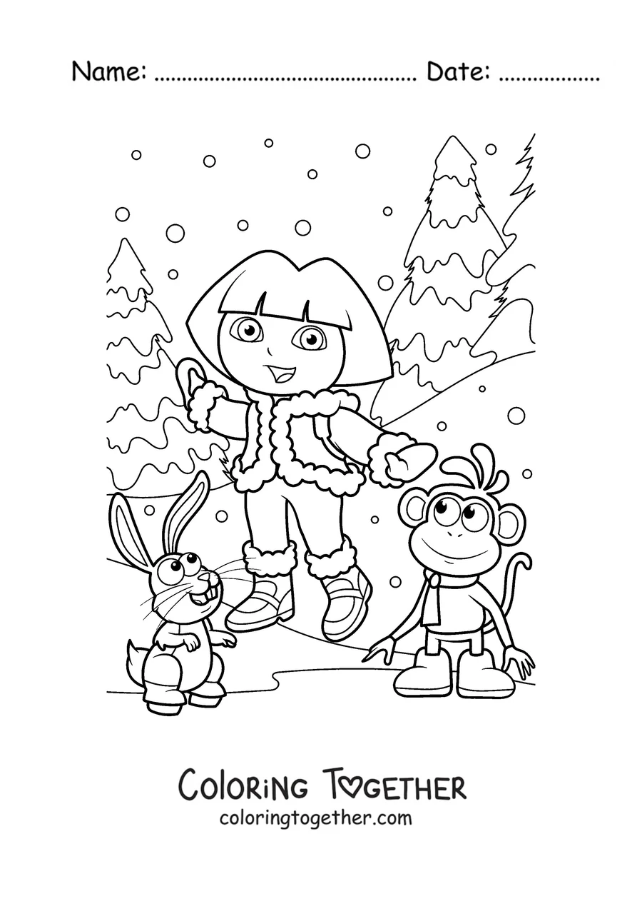 Coloring page of Dora the Explorer in the snow with Boots and a rabbit