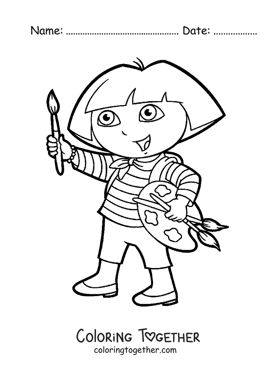 Coloring page of Dora the Explorer painting with a palette and a brush