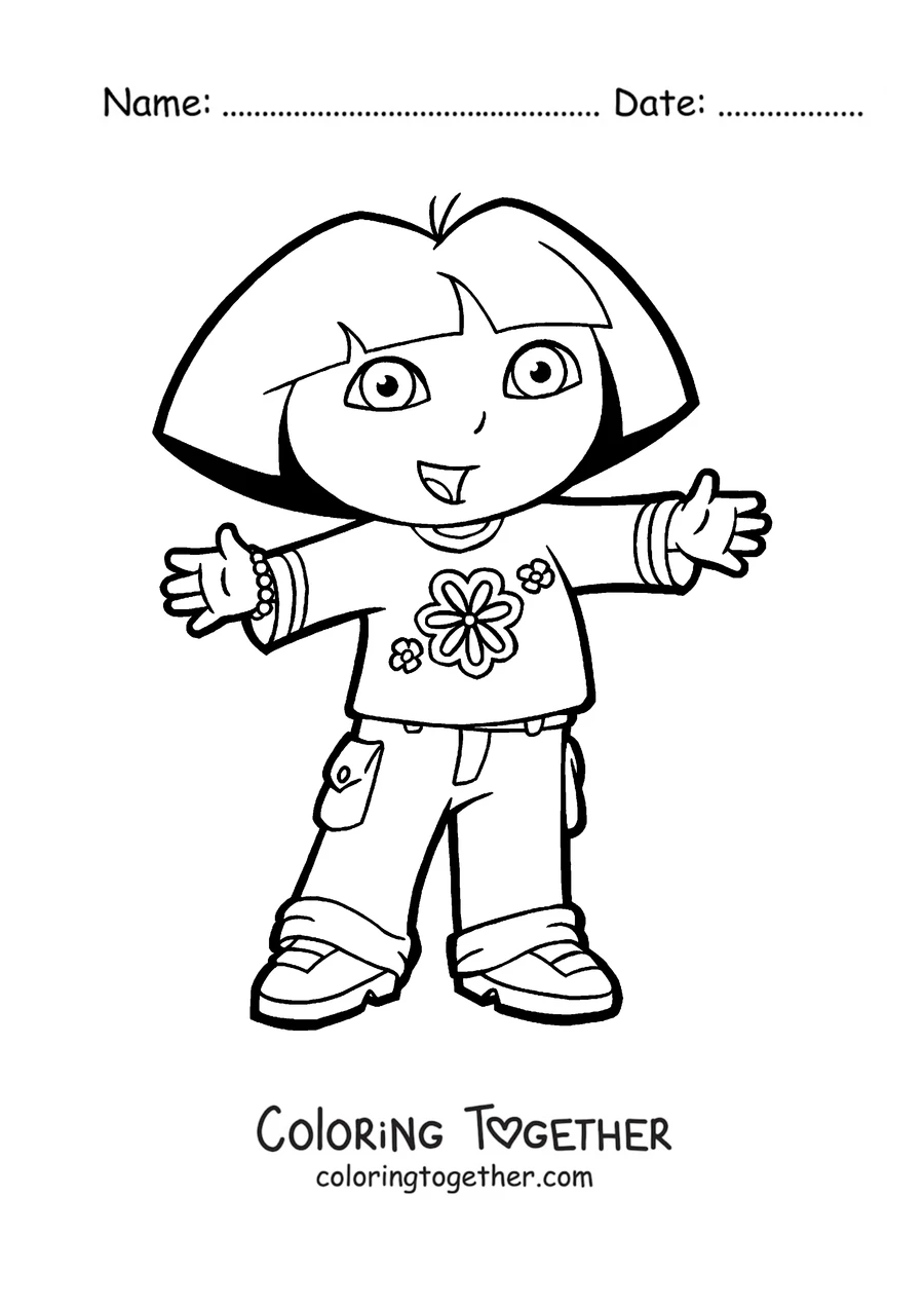 Coloring page of Dora the Explorer waving with her arms open