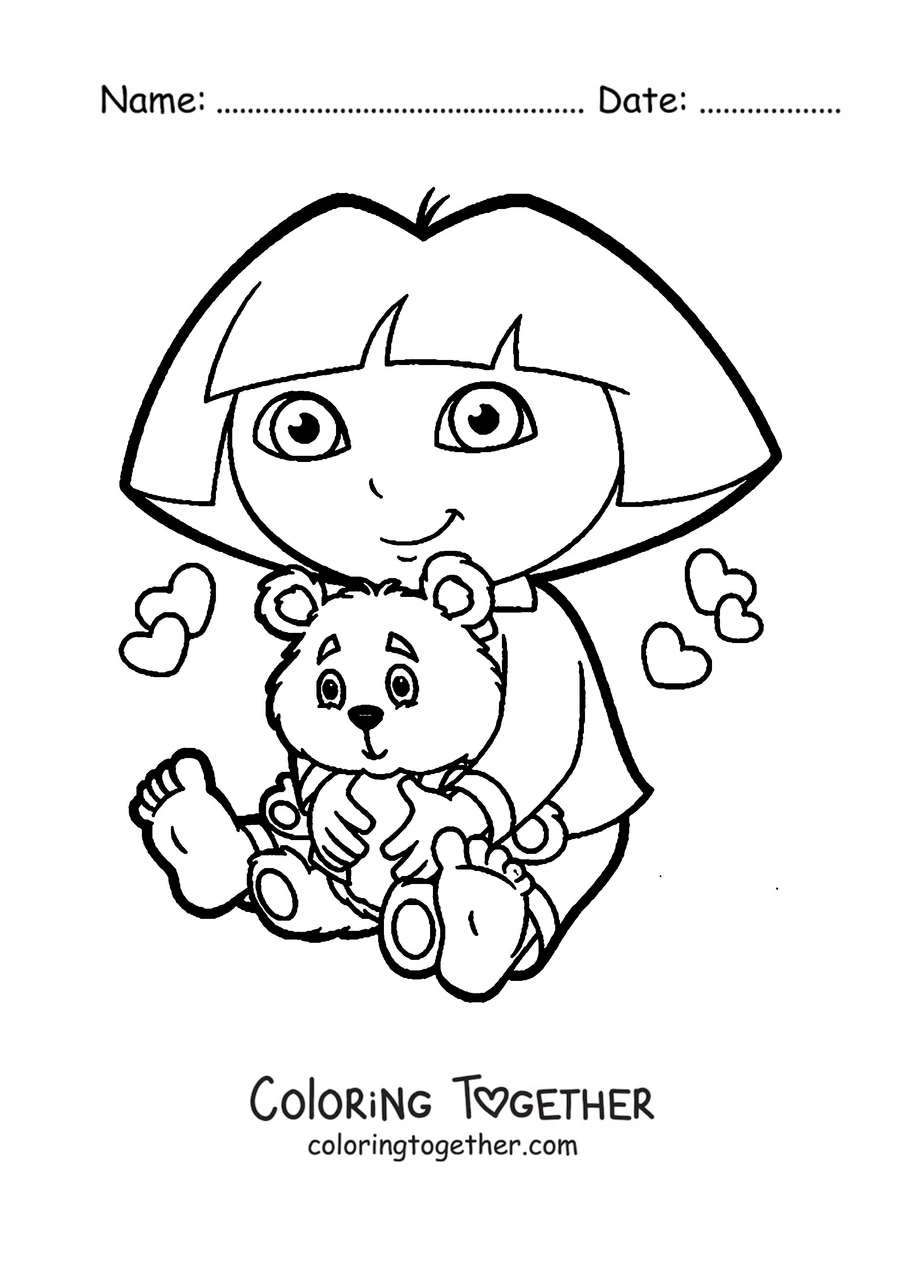 Coloring page of Dora the Explorer hugging a teddy bear