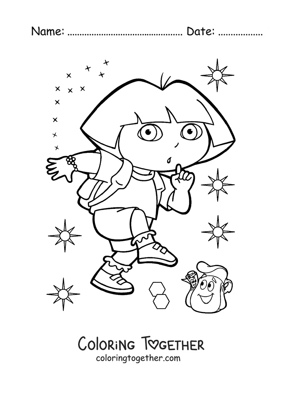 Coloring page of Dora the Explorer with her backpack among stars