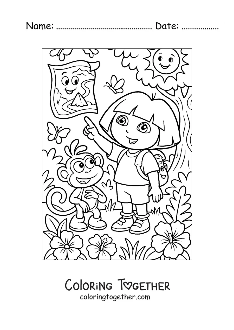 Coloring page of Dora the Explorer pointing at the Map next to Boots