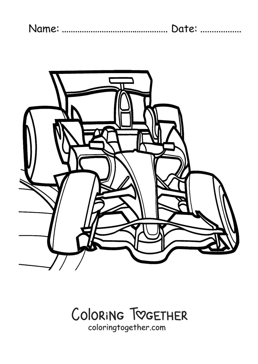 Coloring page of an aerodynamic Formula 1 single-seater seen from the front