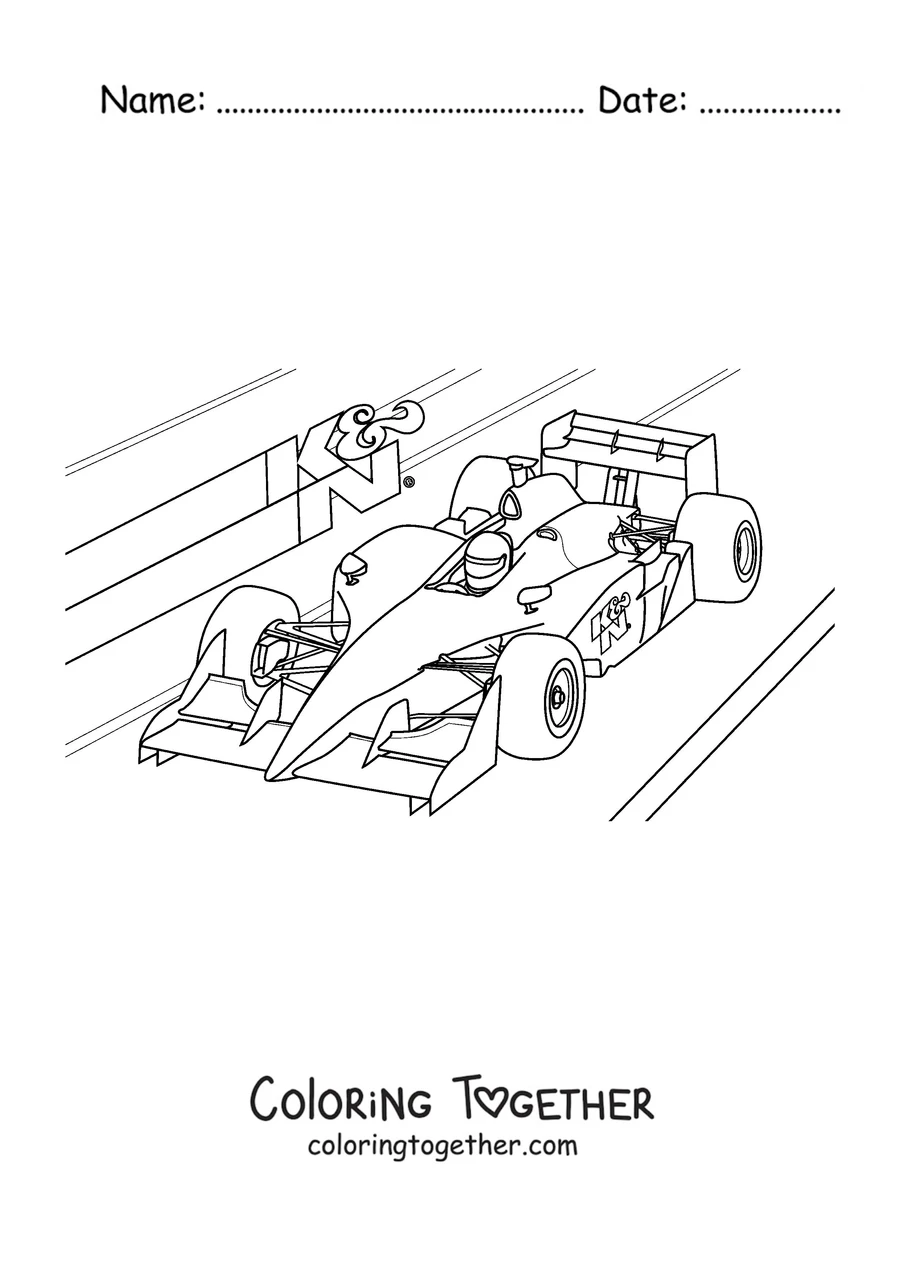 Coloring page of a Formula 1 car at full speed with motion lines