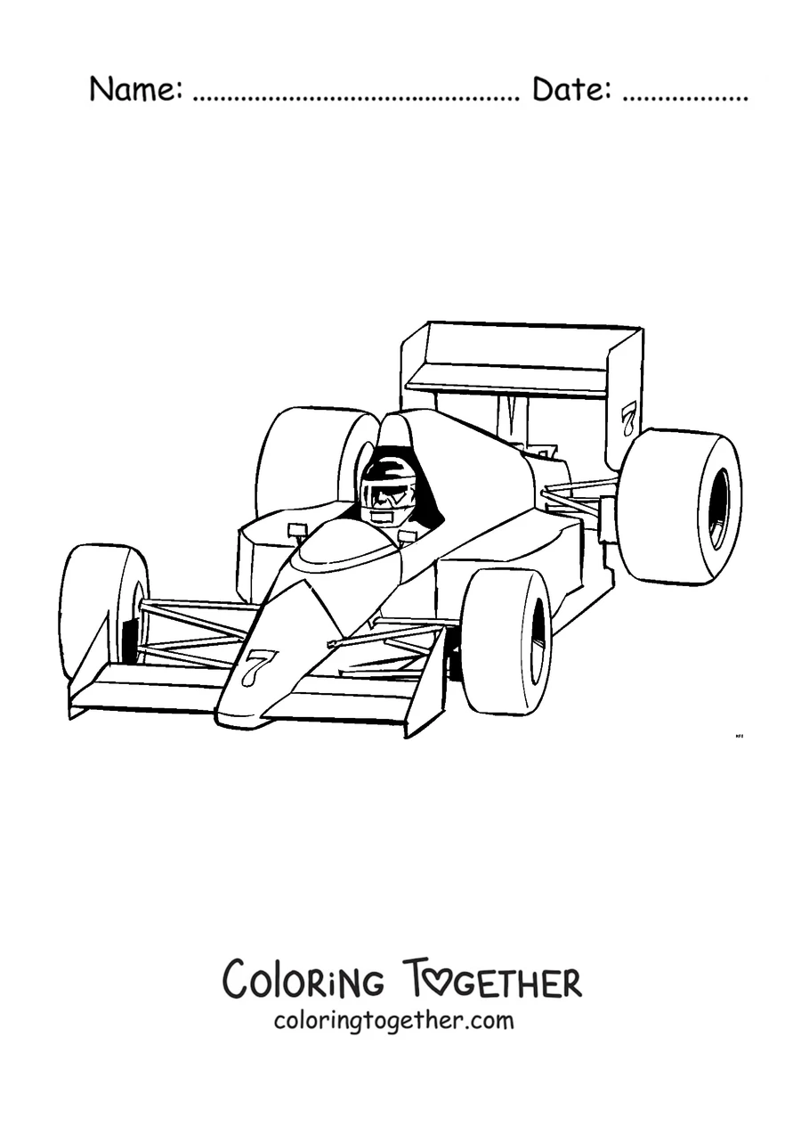 Coloring page of a Formula 1 car with its driver sitting in the cockpit