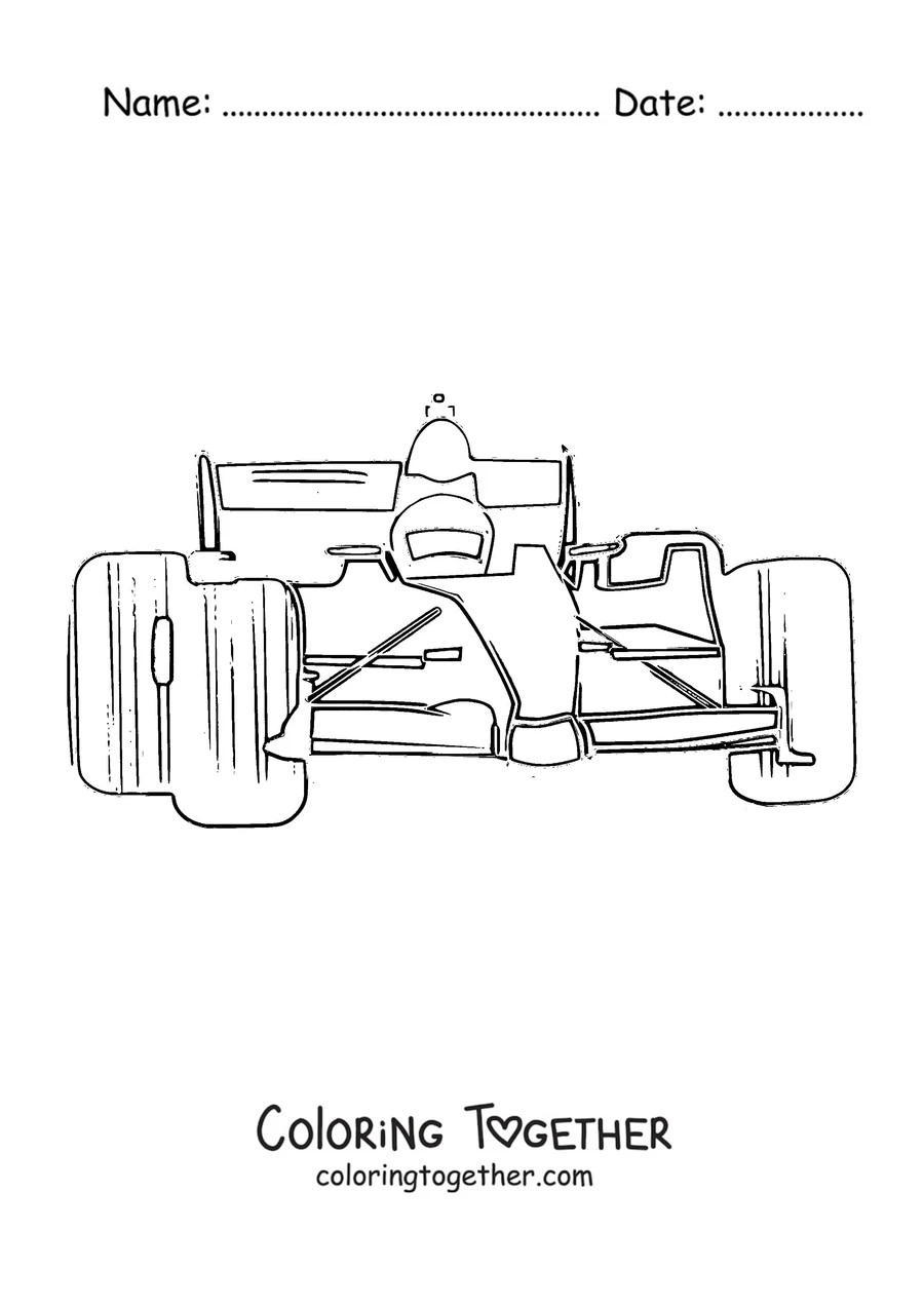 Coloring page of a Formula 1 car seen head-on with the driver