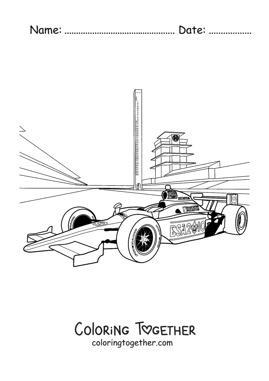 Coloring page of a Formula 1 car racing on the circuit in front of the grandstands
