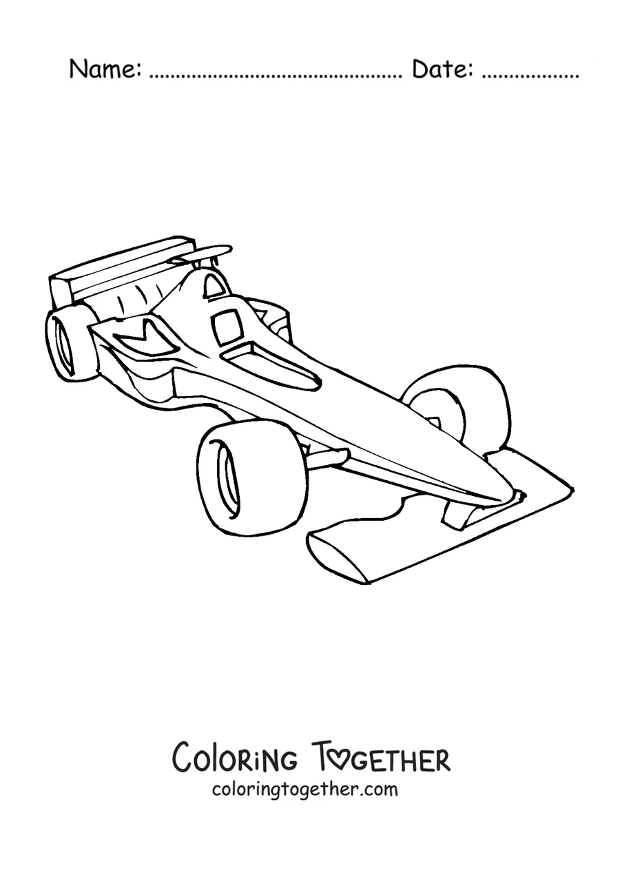 Coloring page of a sporty Formula 1 racing car with aerodynamic lines