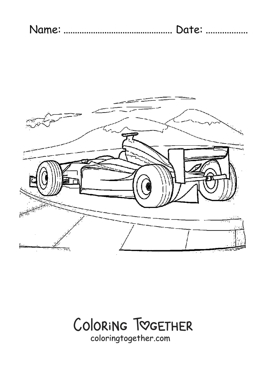 Coloring page of a Formula 1 car seen from behind with the circuit scenery