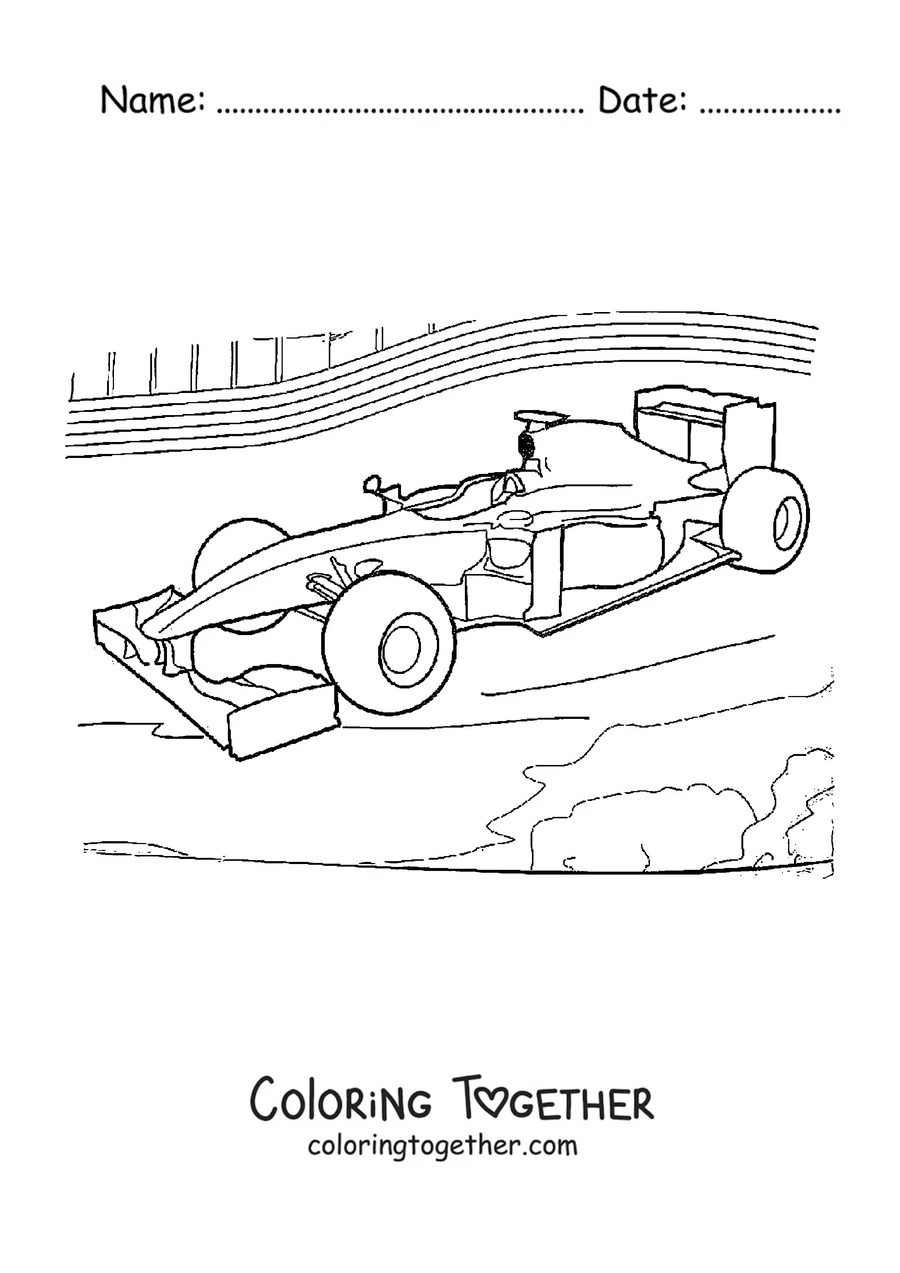 Coloring page of a Formula 1 car seen from the side racing on the track