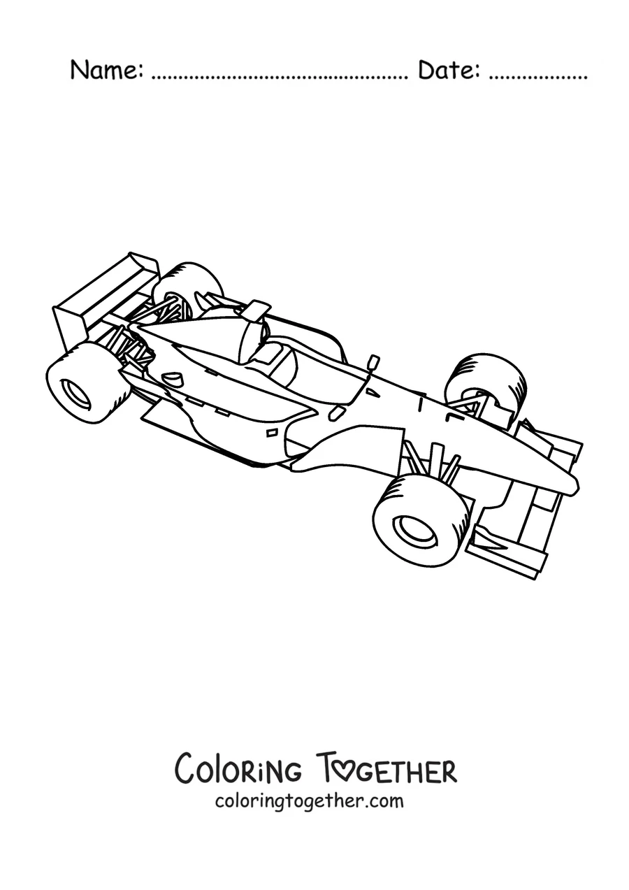 Coloring page of a Formula 1 car speeding out of a curve