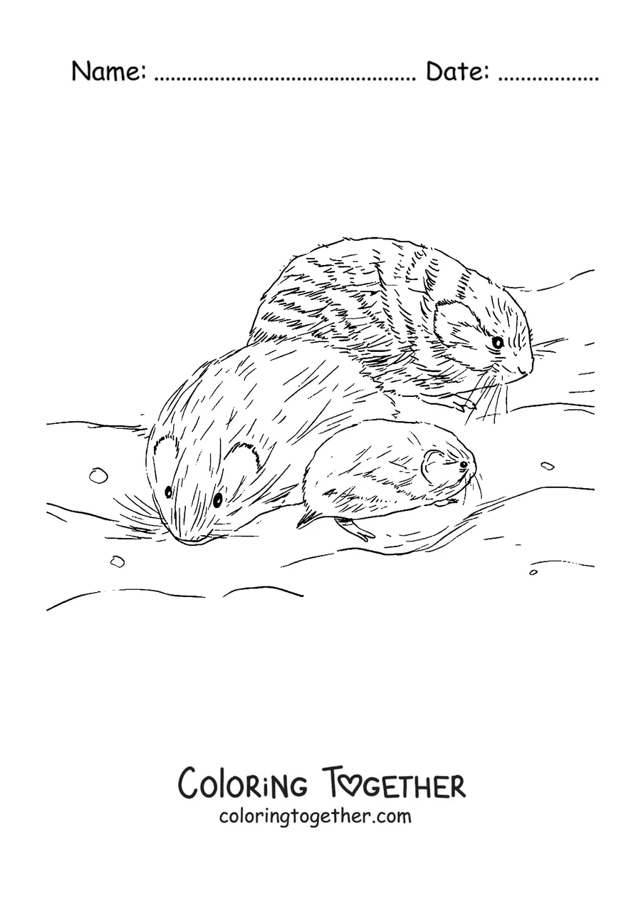 Coloring page of a family of lemmings in the snow