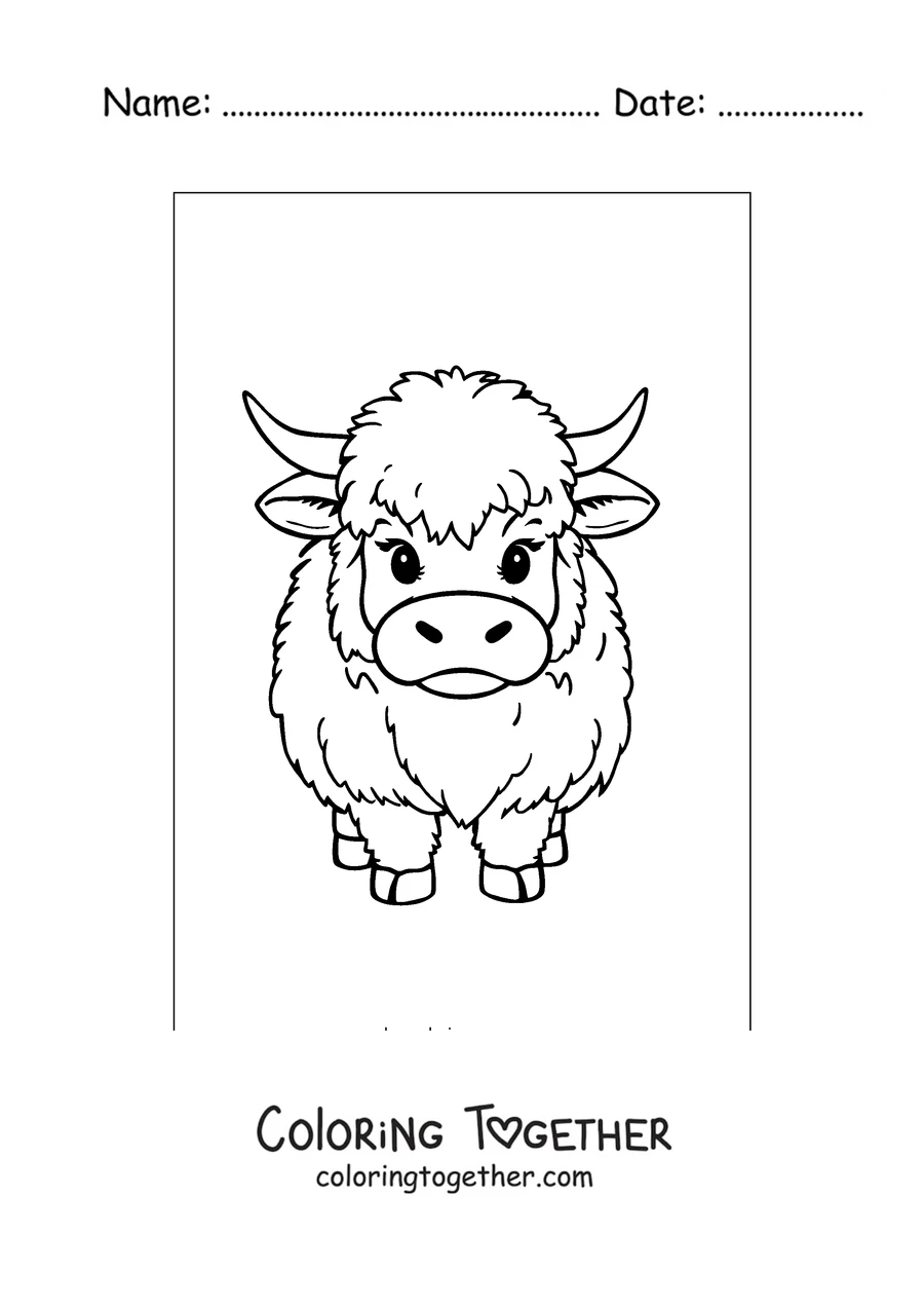 Coloring page of fluffy highland calf